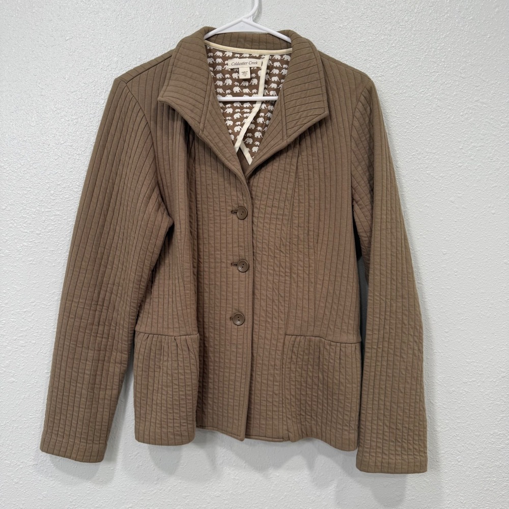 Coldwater Creek Brown Quilted Ribbed Button Front Jacket Elephant Lining Size 12